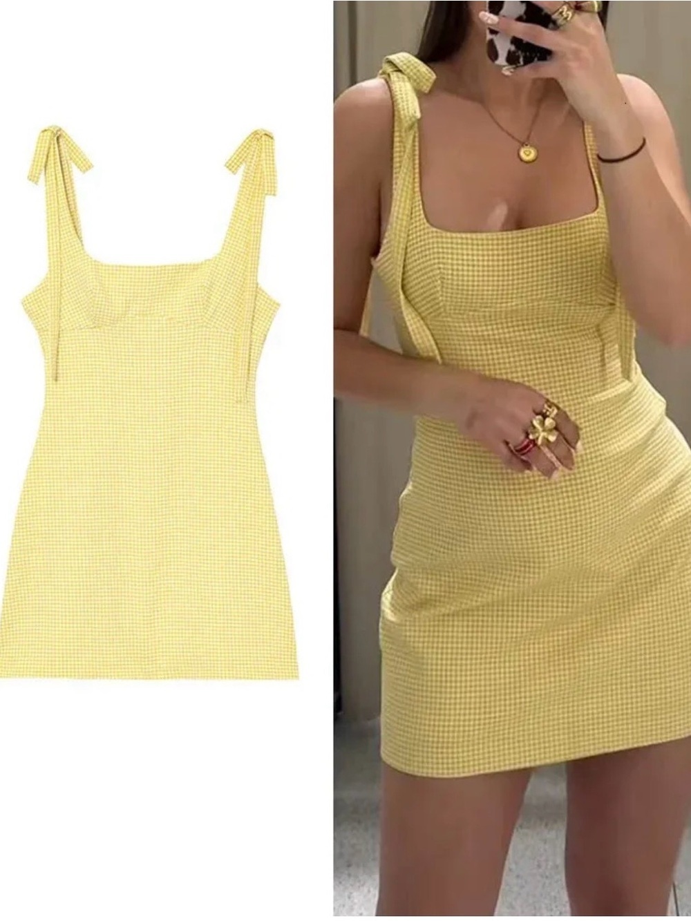 NEW INDEFEIR Yellow Gingham Tie-Shoulder Mini Dress SIZE S